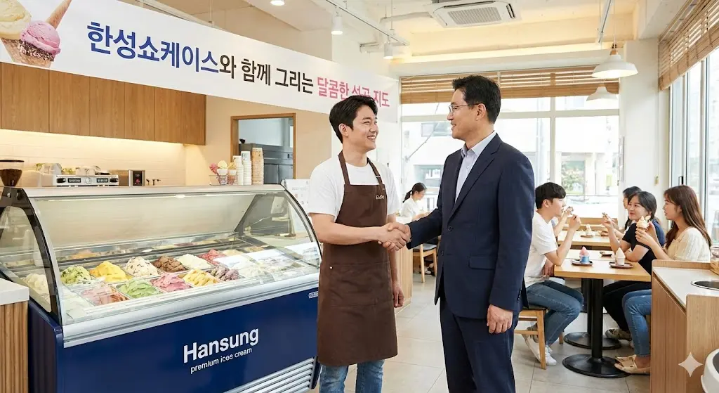 한성쇼케이스 아이스크림 냉동고 앞에서 악수하는 매장 사장님과 직원