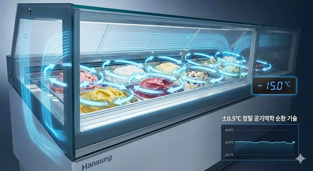 한성 젤라또 쇼케이스의 정밀 공기역학 순환 기술과 온도 그래프