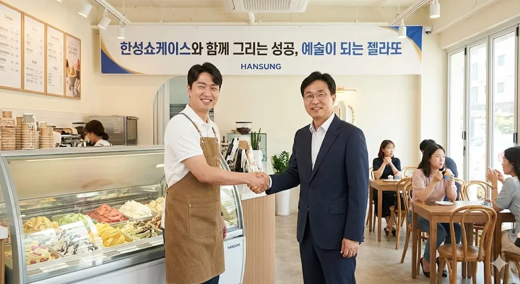 한성 젤라또 쇼케이스 앞에서 성공적인 파트너십을 축하하며 악수하는 사장님과 직원