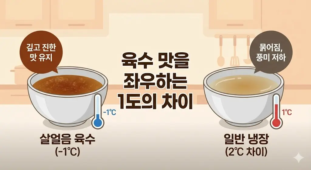 1도의 온도 차이가 육수 맛에 미치는 영향을 보여주는 인포그래픽