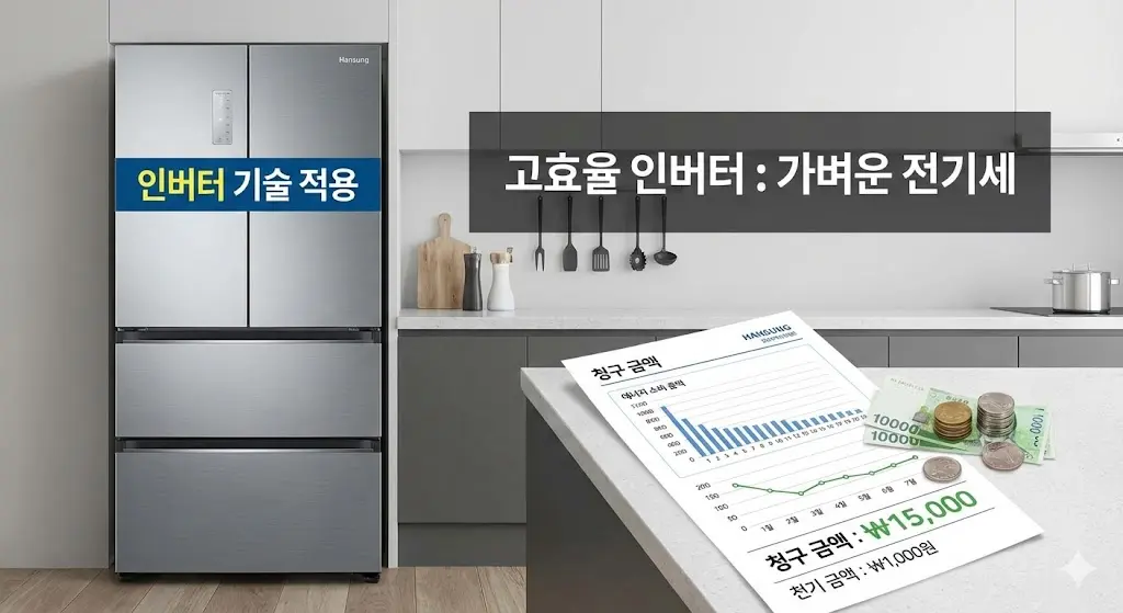 인버터 기술이 적용된 한성 육수냉장고와 전기세 절감 효과를 보여주는 고지서