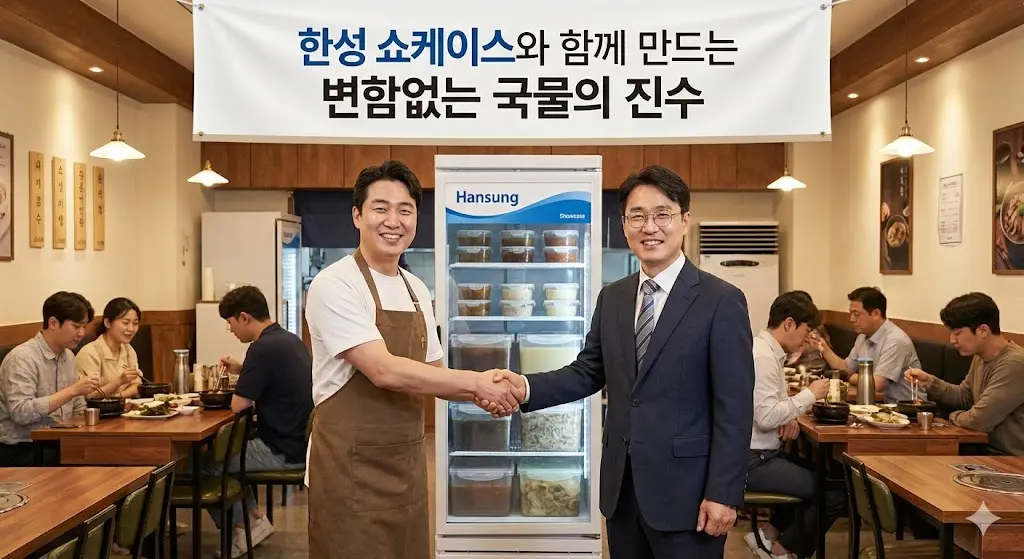 한성 육수냉장고 앞에서 성공적인 파트너십을 축하하며 악수하는 식당 사장님과 직원