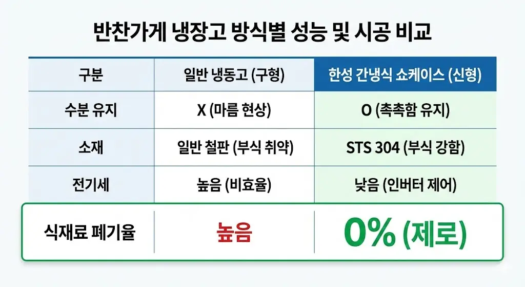 반찬가게 냉장고 방식별 성능 및 시공 비교표