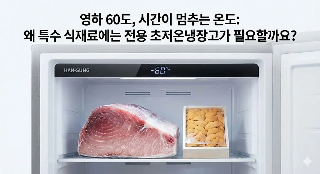 영하 60도 초저온냉장고 내부에 참치와 성게알이 신선하게 보관된 모습과 관련 문구가 있는 이미지입니다.