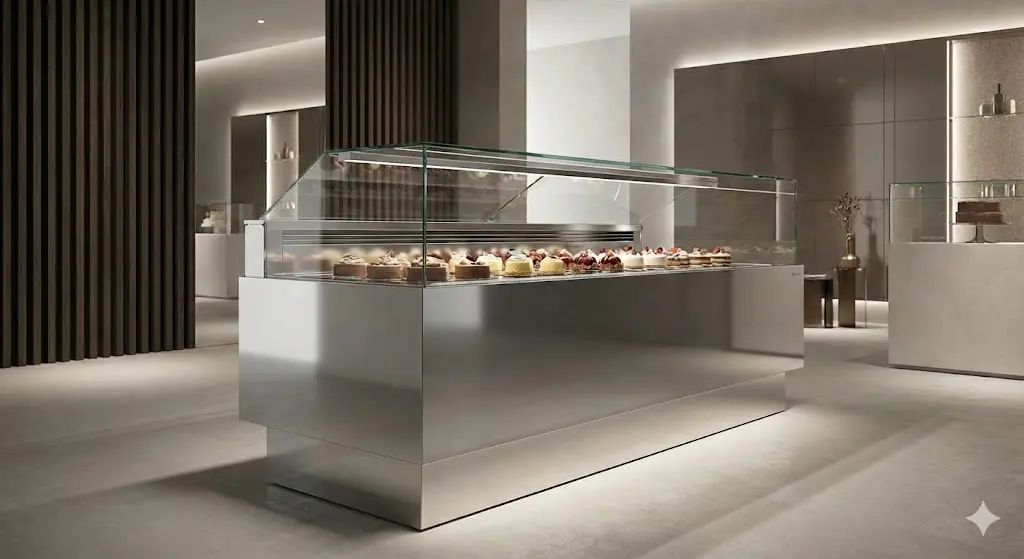 하이엔드 쇼케이스가 중심이 되어 공간 전체의 품격을 높여주는 고급스러운 베이커리 매장 전경.