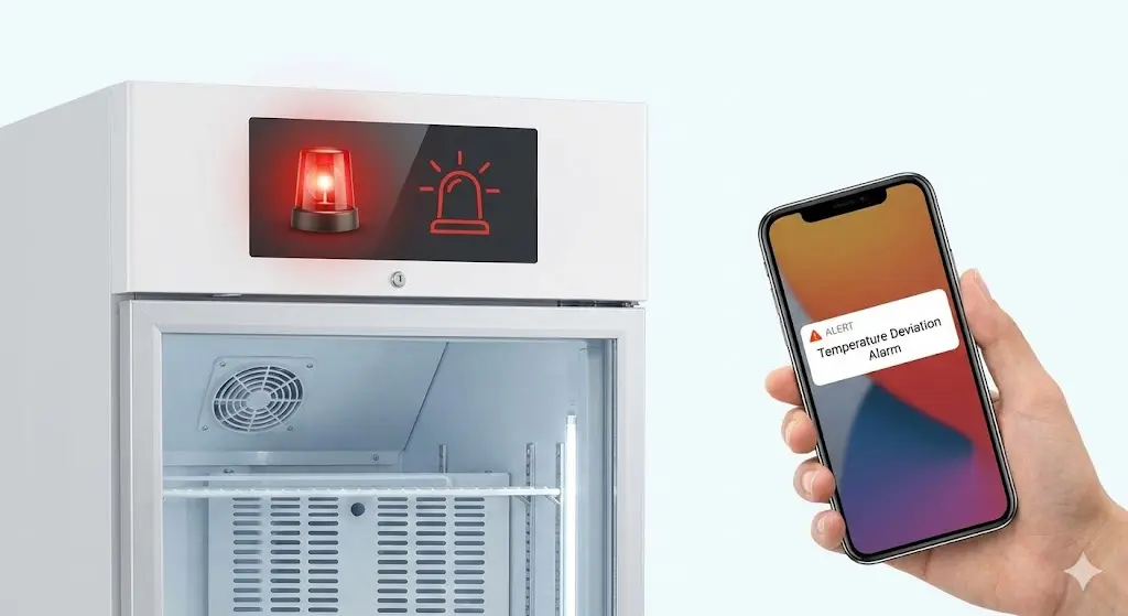 온도 이탈 시 작동하는 냉장고 알람과 스마트폰 알림.