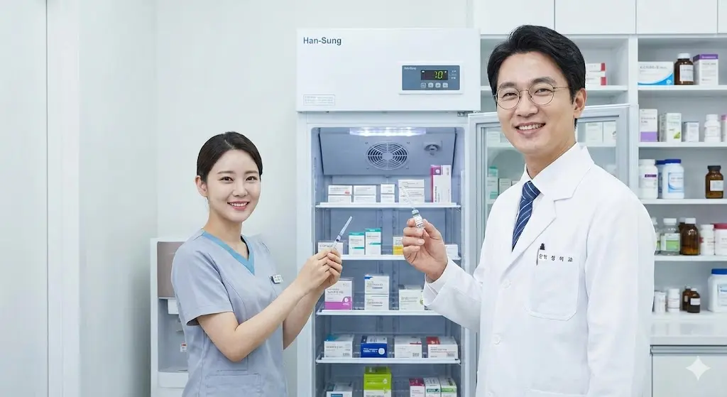 냉장고에서 의약품을 꺼내며 안심하는 의료진.