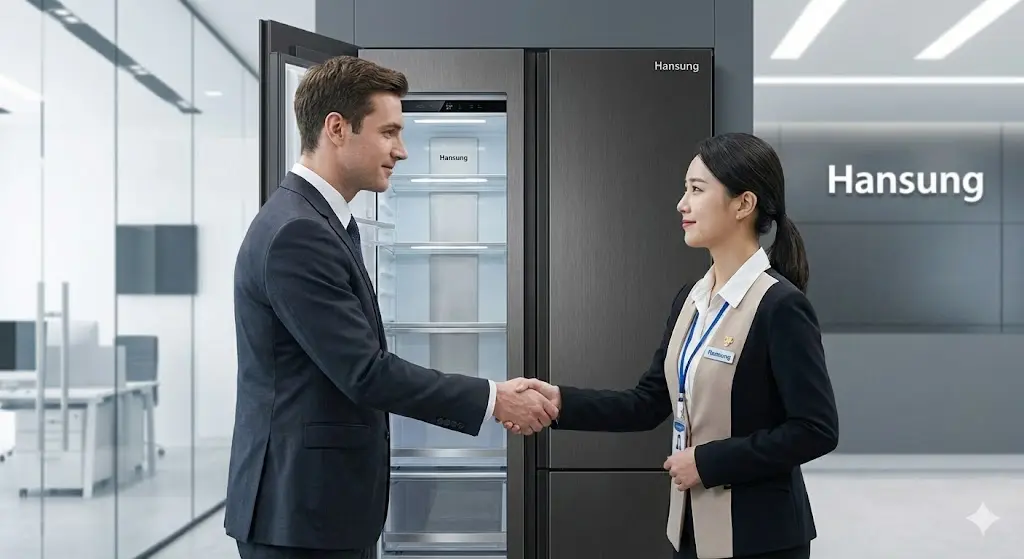 한성 쇼케이스 앞에서 성공적인 비즈니스 파트너십을 약속하며 악수하는 두 사람