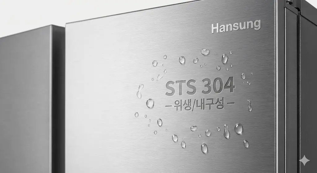 물방울이 맺힌 프리미엄 스테인리스(STS 304) 소재의 한성 냉장고 표면 디테일 컷