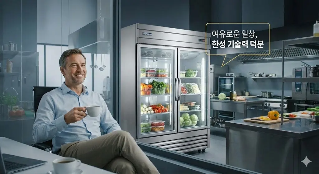 한성 스탠드형 냉장고 덕분에 주방 운영에 대한 걱정 없이 여유롭게 커피를 마시는 사장님의 모습