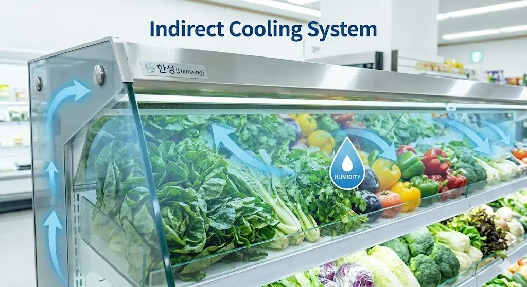 채소쇼케이스 내부의 간접 냉각 공기 순환을 보여주는 이미지