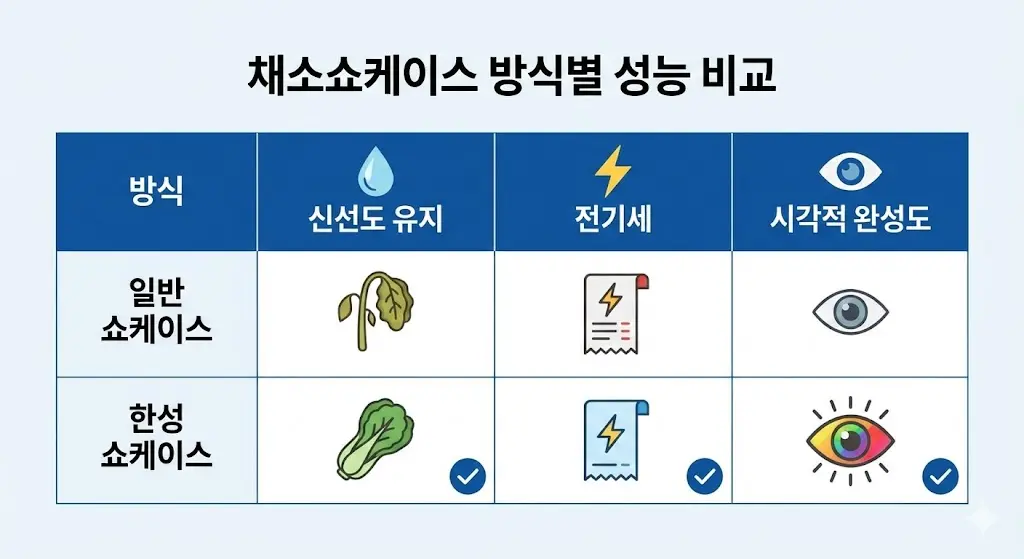 일반 쇼케이스와 한성 쇼케이스의 성능 비교표