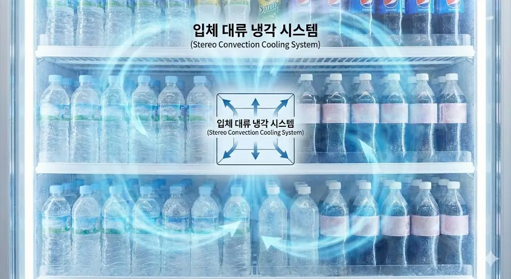 한성 냉장고 내부의 입체 대류 냉각 시스템을 시각적으로 보여주는 이미지