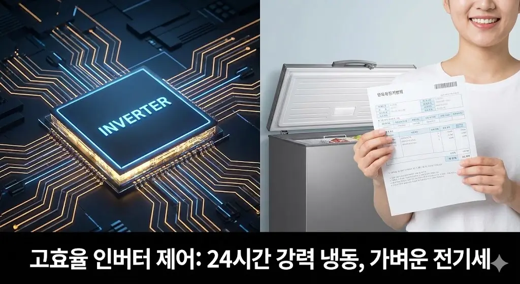 고효율 인버터 제어와 가벼운 전기세 고지서를 비교하는 이미지