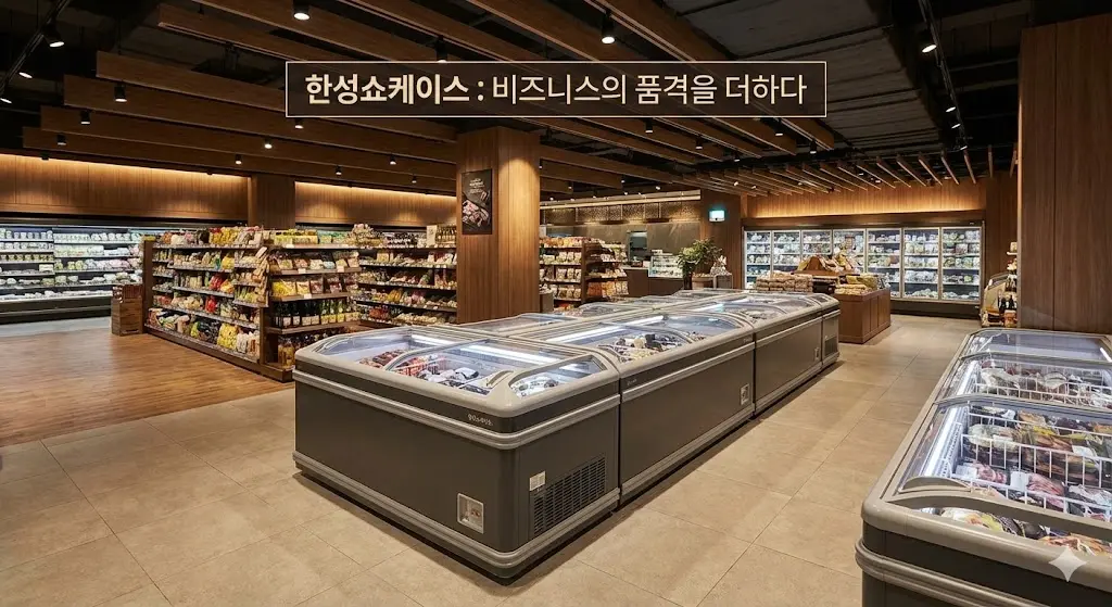 한성쇼케이스 냉동평대가 설치된 고급스러운 매장 전경
