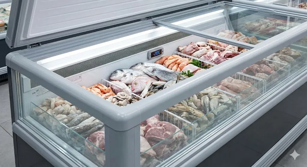 개방감과 완벽한 온도 유지를 보여주는 투명한 냉동평대 내부