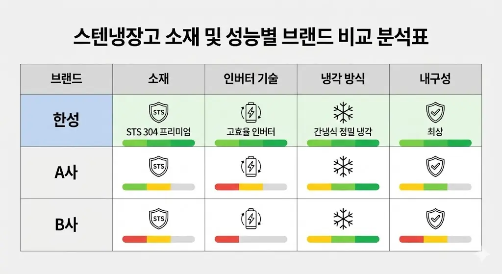 스텐냉장고 소재 및 성능별 브랜드 비교 분석표