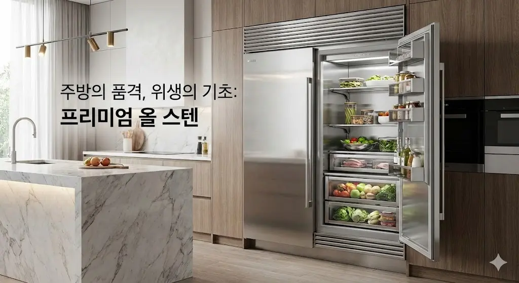 현대적인 주방 인테리어에 배치된 프리미엄 올 스테인리스 냉장고 이미지