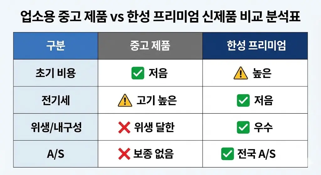 업소용 중고 제품 vs 한성 프리미엄 신제품 비교 분석표
