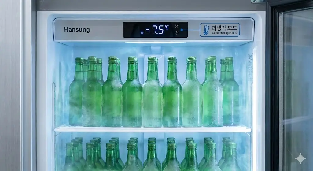 살얼음이 맺힌 한성 소주 슬러시 냉장고 내부 전경