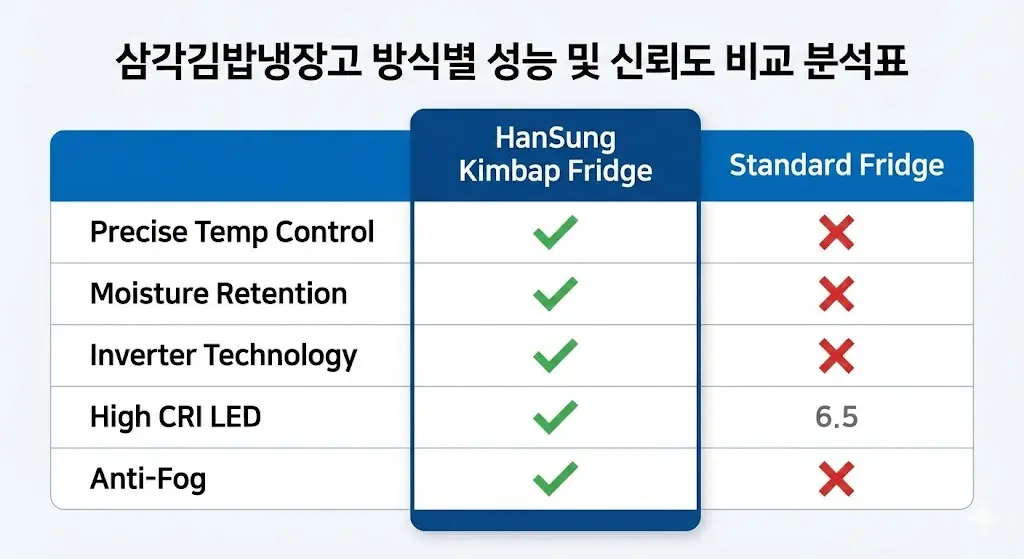 삼각김밥 냉장고 방식별 성능 및 신뢰도 비교 분석표