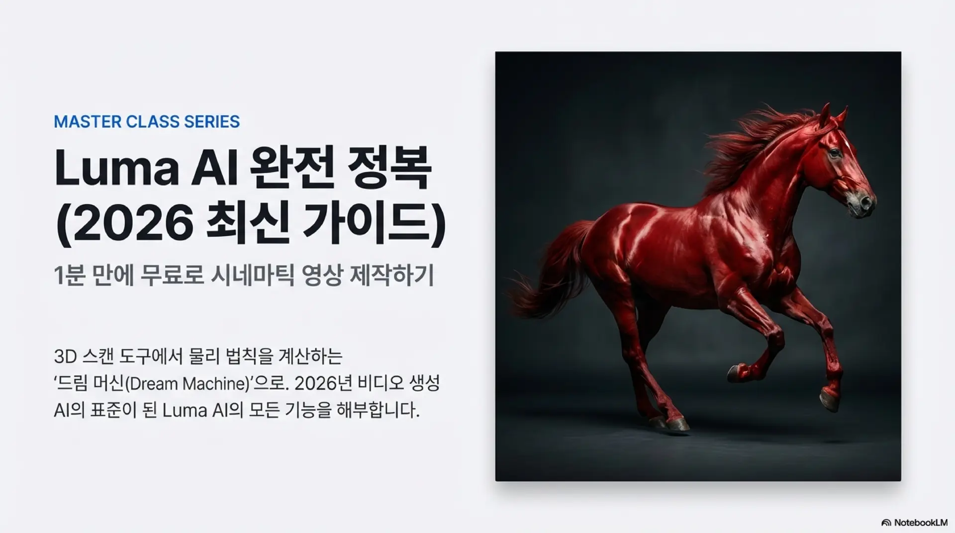 'Luma AI 완전 정복 (2026 최신 가이드)'라는 제목과 함께 붉은색 말이 역동적으로 달리는 고화질 이미지가 포함된 표지입니다. 3D 스캔 도구에서 물리 법칙을 계산하는 비디오 생성 AI의 표준이 된 Luma AI의 모든 기능을 해부한다는 부연 설명이 적혀 있습니다.