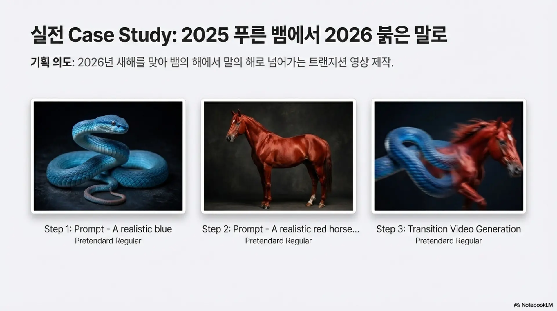 2025년 푸른 뱀에서 2026년 붉은 말로 변하는 트랜지션 영상 제작 과정을 보여주는 케이스 스터디입니다. 뱀 이미지 생성, 말 이미지 생성, 그리고 두 개체를 자연스럽게 융합하여 전환하는 영상 생성의 3단계 과정을 시각화했습니다.