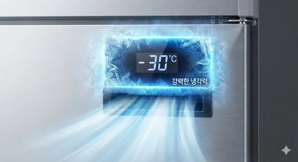 영하 30도를 표시하는 디지털 온도계와 강력한 냉각력을 시각적으로 보여주는 얼음 결정 효과가 있는 냉동스토커의 온도 표시창 클로즈업.