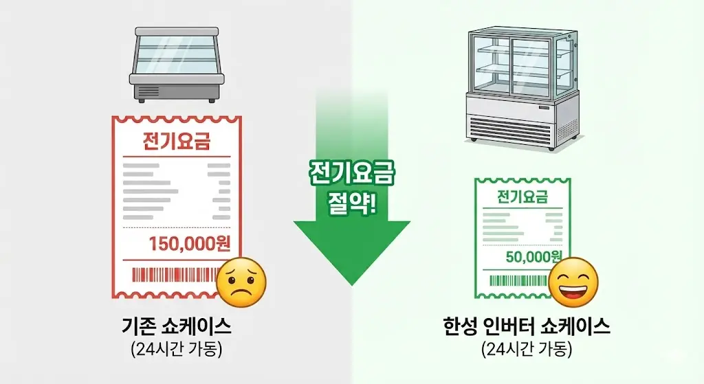 기존 쇼케이스의 높은 전기요금과 한성 인버터 쇼케이스의 낮은 전기요금을 비교하여 에너지 절감 효과를 직관적으로 보여주는 인포그래픽입니다.