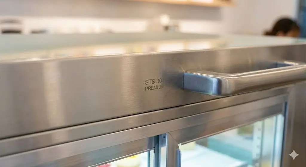 잦은 손길에도 변함없는 광택과 위생을 자랑하는 프리미엄 스테인리스 소재의 질감을 클로즈업하여 보여주는 이미지입니다.