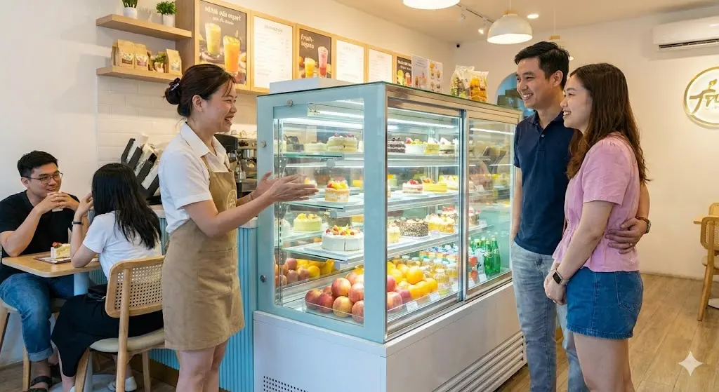 한성 쇼케이스를 통해 성공적인 매장을 운영하며 고객과 행복하게 소통하는 사장님의 모습을 담은 이미지입니다.