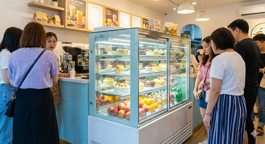 매장을 방문한 고객들이 깨끗하고 투명한 유리문 냉장 쇼케이스 안의 신선한 제품들에 시선을 빼앗기고 있는 활기찬 모습입니다.