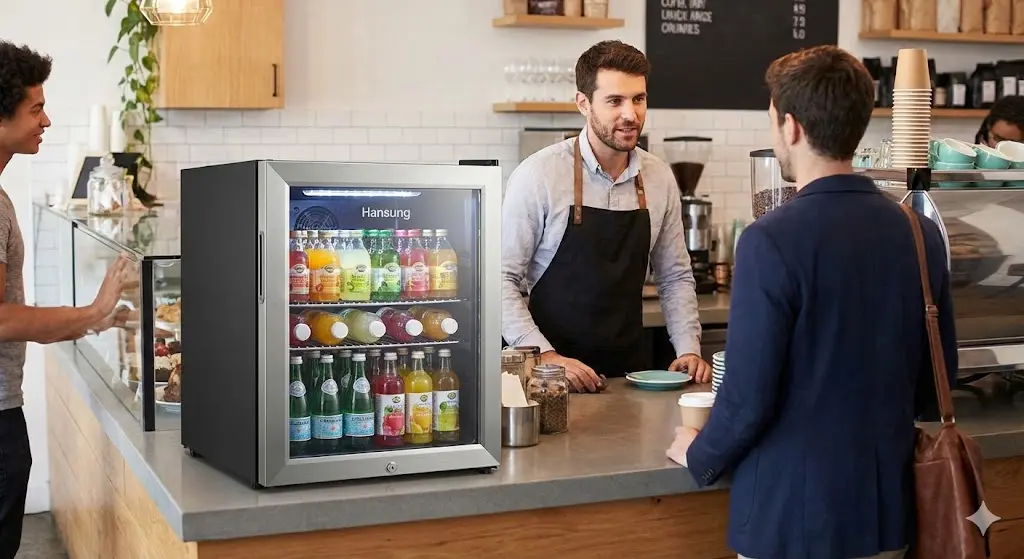 바쁜 카페 카운터에서 고객의 눈높이에 맞춰 음료를 돋보이게 하는 프리미엄 소형 냉장고의 모습입니다.