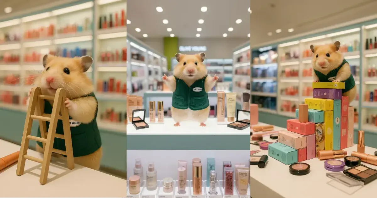 햄스터 캐릭터가 화장품 가게에서 일하고 있는 3분할 이미지.