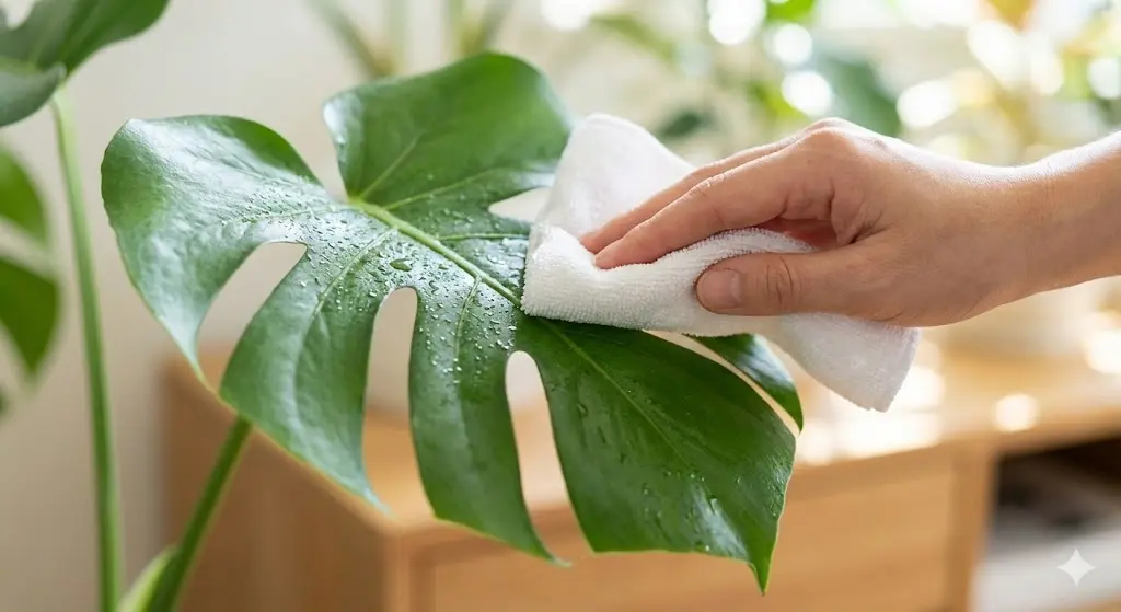 Close-up of hands wiping dust from a plant leaf with a soft white cloth.