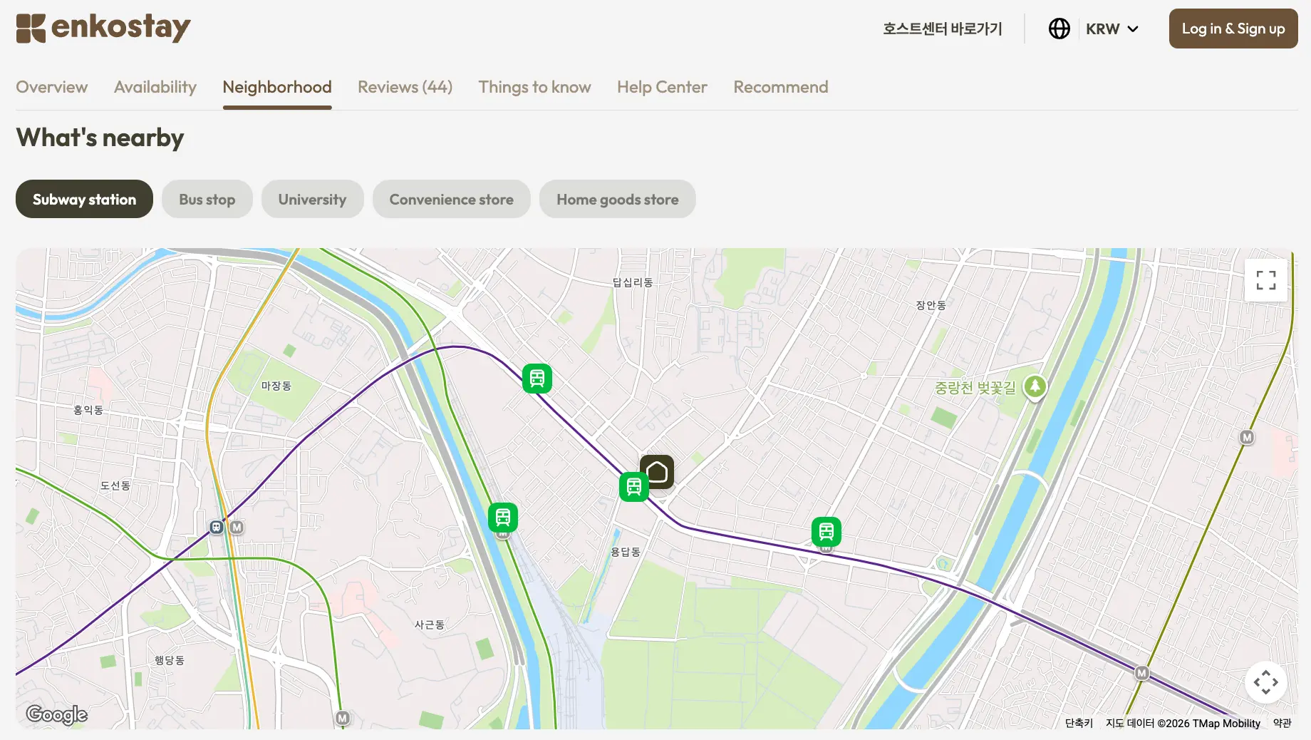 Enkostay map showing nearby subway stations and transit lines for a selected stay.