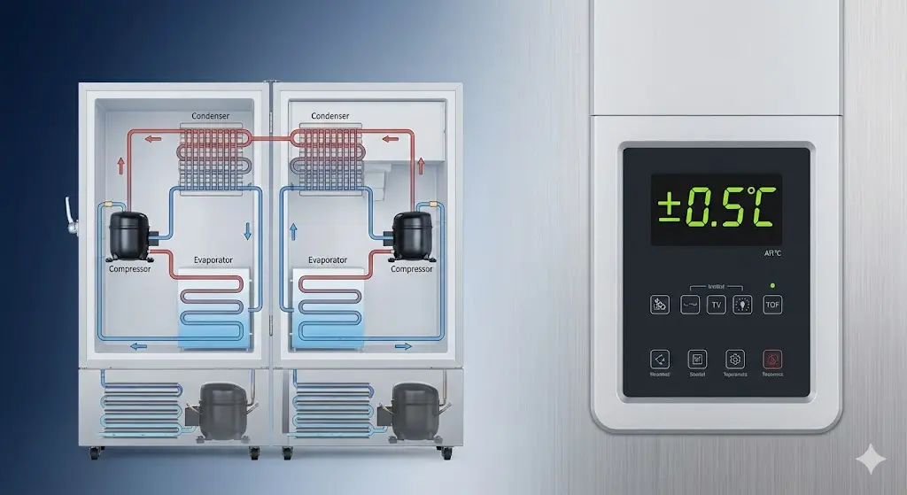한성 프리미엄 냉동고의 초정밀 듀얼 냉각 시스템 다이어그램과 디지털 온도 조절기