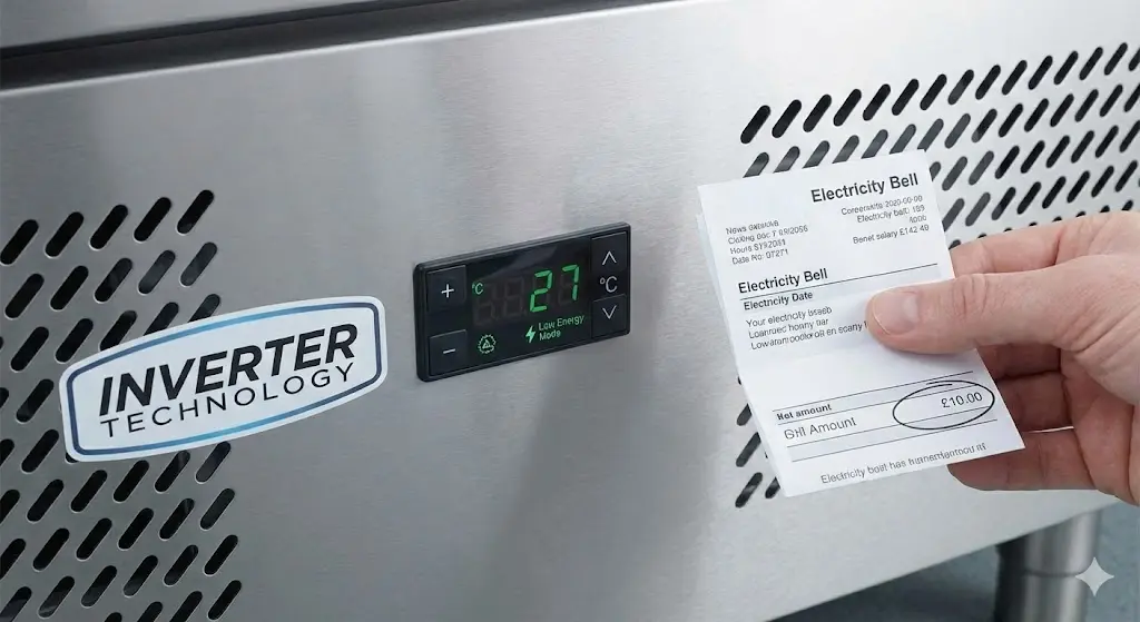 인버터 기술이 적용된 냉동고의 온도 제어 패널과 낮은 전기 요금 고지서