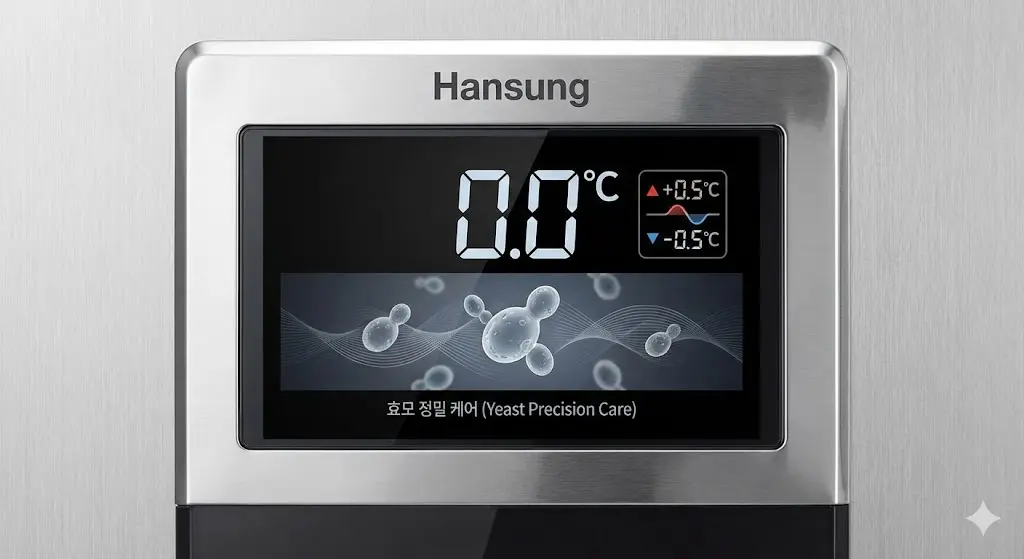±0.5도 미세 정온 제어 및 효모 케어 기능이 표시된 디지털 온도계