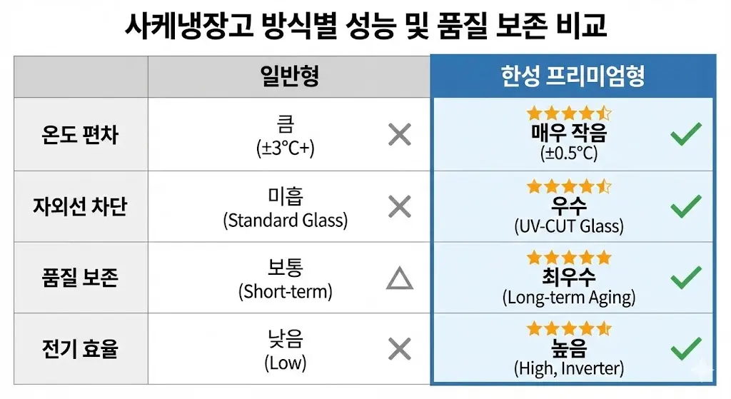 사케 냉장고 방식별 성능 및 품질 보존 비교 인포그래픽