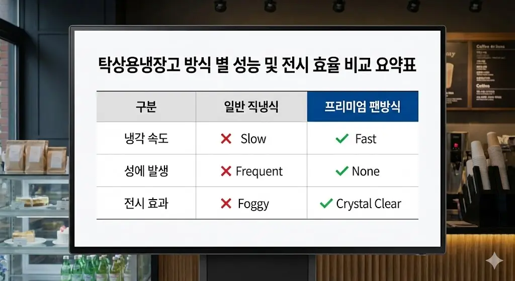 탁상용냉장고 방식별 성능 및 전시 효율 비교 요약표