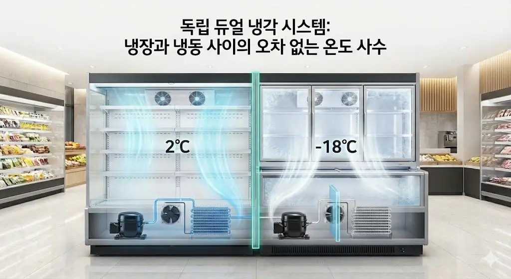냉장실과 냉동실이 완전히 분리된 독립 듀얼 냉각 시스템을 보여주는 단면도. 각각의 컴프레서와 팬이 작동하여 정확한 온도(냉장 2°C, 냉동 -18°C)를 유지하는 기술적인 이미지.