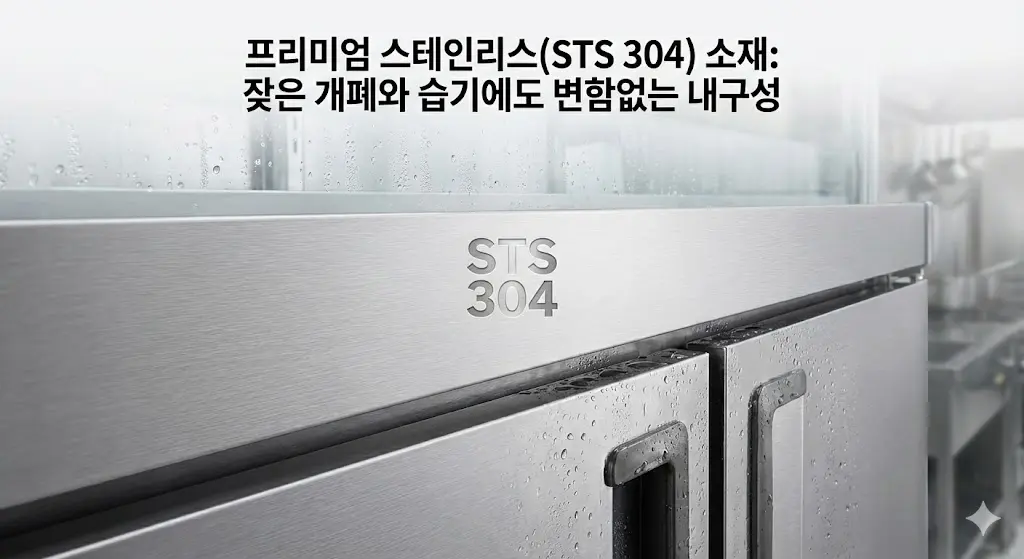 STS 304' 로고가 새겨진 쇼케이스의 스테인리스 표면 클로즈업. 잦은 개폐에도 견고한 손잡이와 습기에도 부식되지 않는 내구성을 물방울 효과로 표현한 이미지.