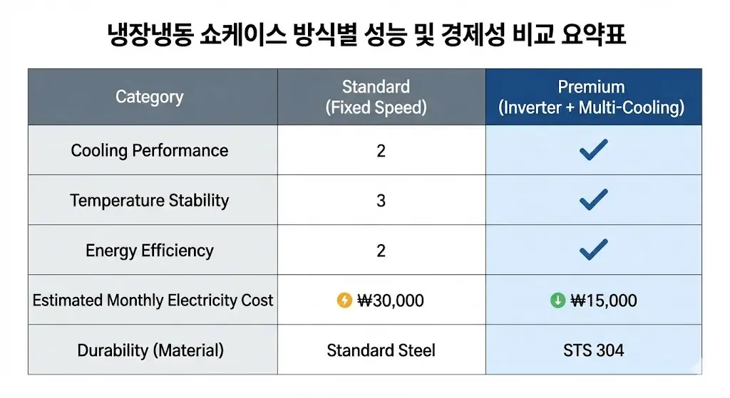 일반형(정속형)과 프리미엄형(인버터+멀티냉각) 쇼케이스의 냉각 성능, 온도 유지, 에너지 효율, 월 예상 전기료, 내구성을 비교한 요약표 이미지.
