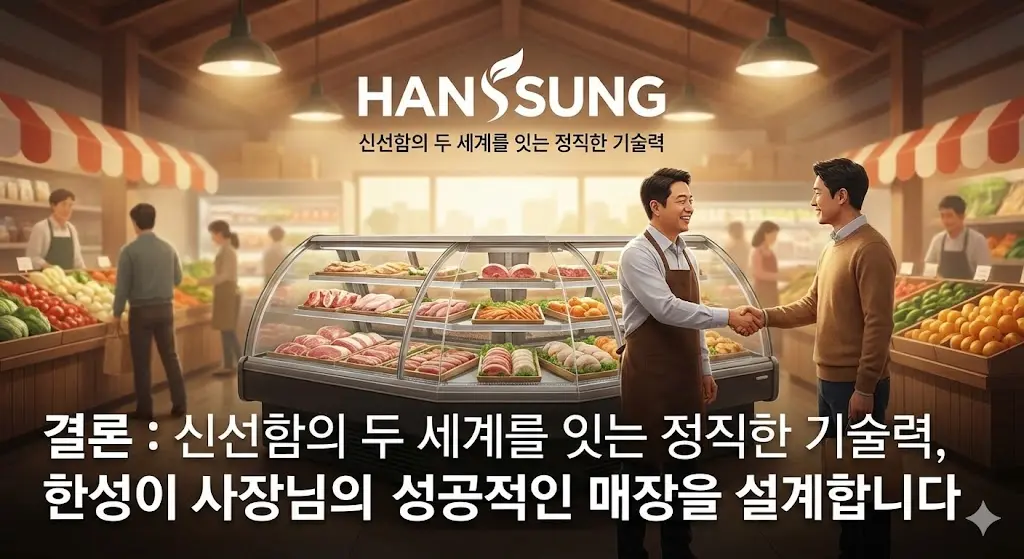 성공적인 매장 운영을 상징하는 사장님과 고객의 악수 모습. '한성' 브랜드 로고와 함께 신선함과 정직한 기술력을 강조하는 결론 문구가 담긴 이미지.