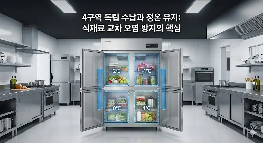 4구역 독립 수납으로 교차 오염을 방지하는 냉장고 내부 투시도.