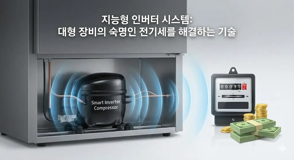 지능형 인버터 기술로 전기세를 절감하는 컴프레서 작동 그래픽.