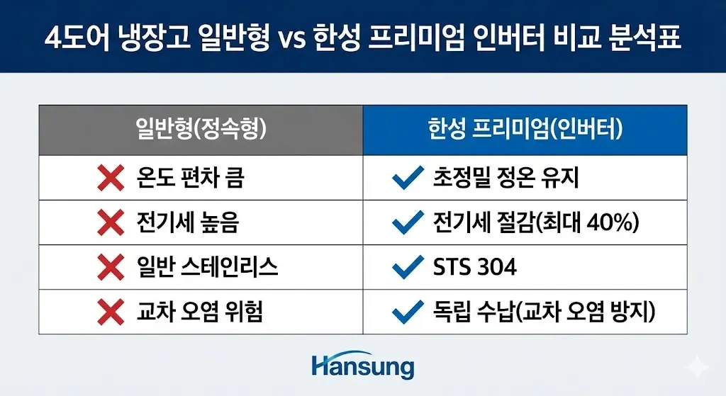 일반형과 한성 프리미엄 인버터 4도어 냉장고의 성능 및 경제성 비교 분석표.