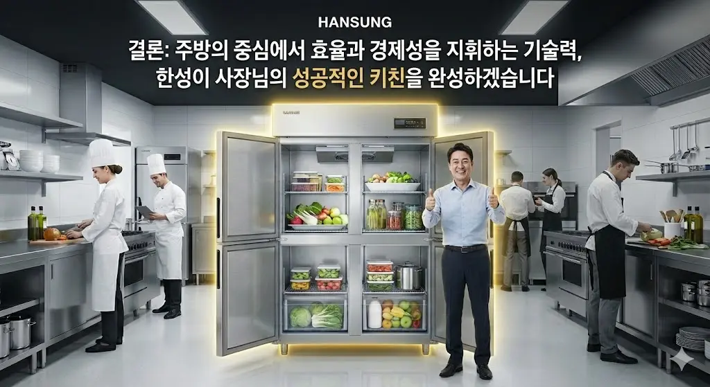 한성 4도어 냉장고와 함께 성공적인 주방을 이룬 사장님과 셰프들의 모습.