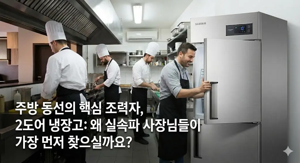 주방 동선에 최적화된 2도어 냉장고를 사용하는 실속파 사장님의 모습.